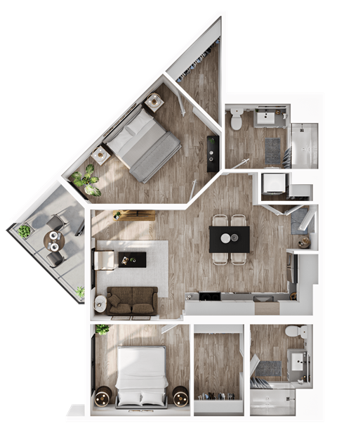 a 3d floor plan of a house with a bedroom and living room